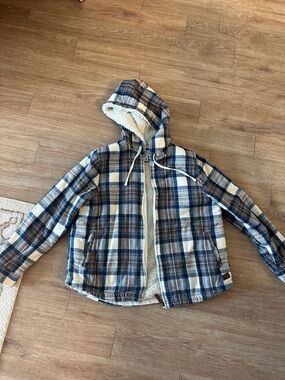 L.L. Bean Plaid Hooded Jacket in Blue, Cream, and Brown